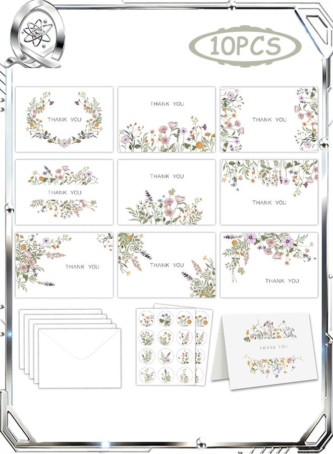 10 PCS Thank You Cards Set, Elegant Flower Design Assorted Greeting Cards with Envelopes & Stickers,  for Weddings Birthday Gratitude Expression - Image 1